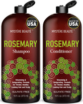 MYSTÉRE BEAUTÉ rosemary shampoo bottle promotes a refreshing sulfate-free cleanse