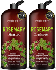MYSTÉRE BEAUTÉ rosemary shampoo bottle promotes a refreshing sulfate-free cleanse