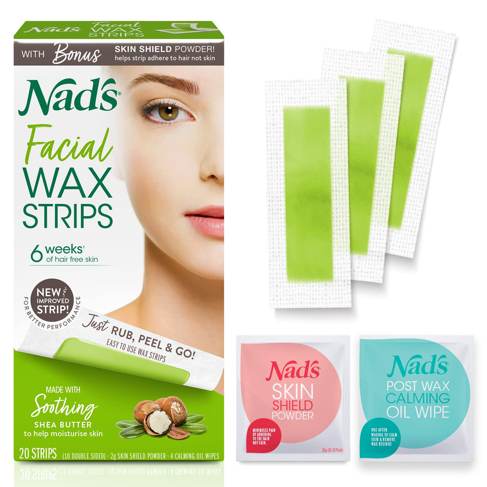 Nad's Facial Wax Strips applied to upper lip for quick at‑home removal