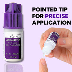 Adhesivo Nailene para uñas artificiales, adhesión duradera y seca en segundos.