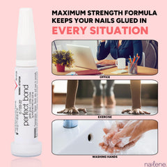 Nailene Perfect Bond Glue used with press-on nails for secure fit.