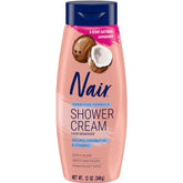 Nair Sensitive Formula Shower Cream bottle closeup shows easy hair removal