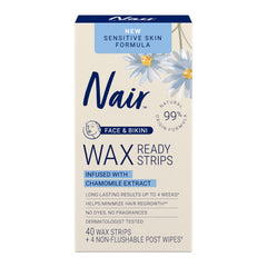 Nair Sensitive Wax Strip setup on face and bikini for mess-free use