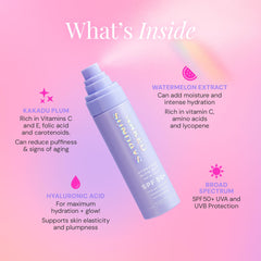 Naked Sundays SPF 50 bottle shows hydrating formula with hyaluronic acid