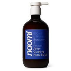 Naomi After-Cooking Hand Scrub bottle pour highlights bergamot and pepper aroma with odor control.