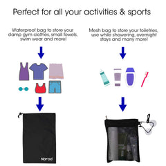 Naroa toiletry bag hanging-hook setup for easy access in gyms or bathrooms.