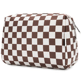 Narwey checkered makeup bag large dark design, ideal for travel cosmetics organization.