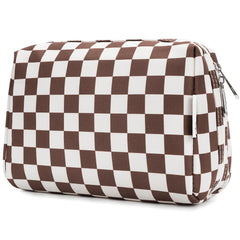 Narwey checkered makeup bag large dark design, ideal for travel cosmetics organization.