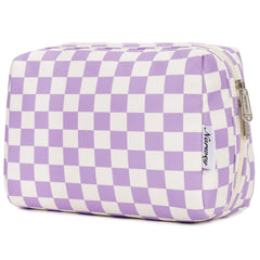 Narwey checkered makeup bag front view in purple for organized travel.