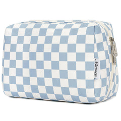 Narwey checkered makeup bag large sky blue front view showing organized layout for travel cosmetics