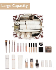 Narwey checkered makeup bag with open main compartment showing practical organization.