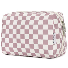Narwey checkered makeup bag pink dusty rose with organized compartments for easy travel beauty storage.