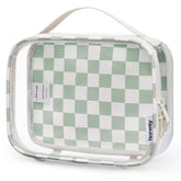 Narwey clear toiletry bag in mint green checkerboard for easy visibility on the go.