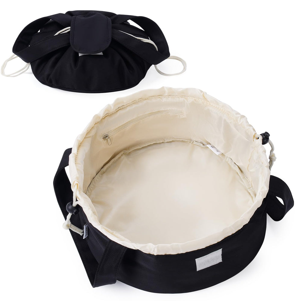 Narwey Lay Flat makeup bag front view shows spacious packing for cosmetics.