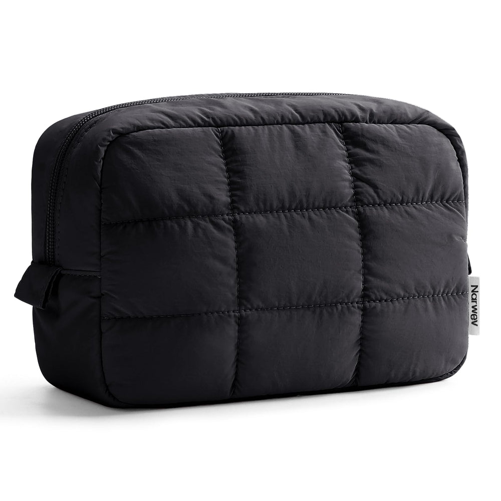 Narwey quilted makeup bag front view, compact and travel-ready.