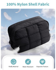Narwey quilted makeup bag side view highlighting sturdy construction for on-the-go use.