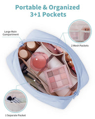Narwey quilted makeup bag blue, interior compartments for neat skincare and makeup storage.