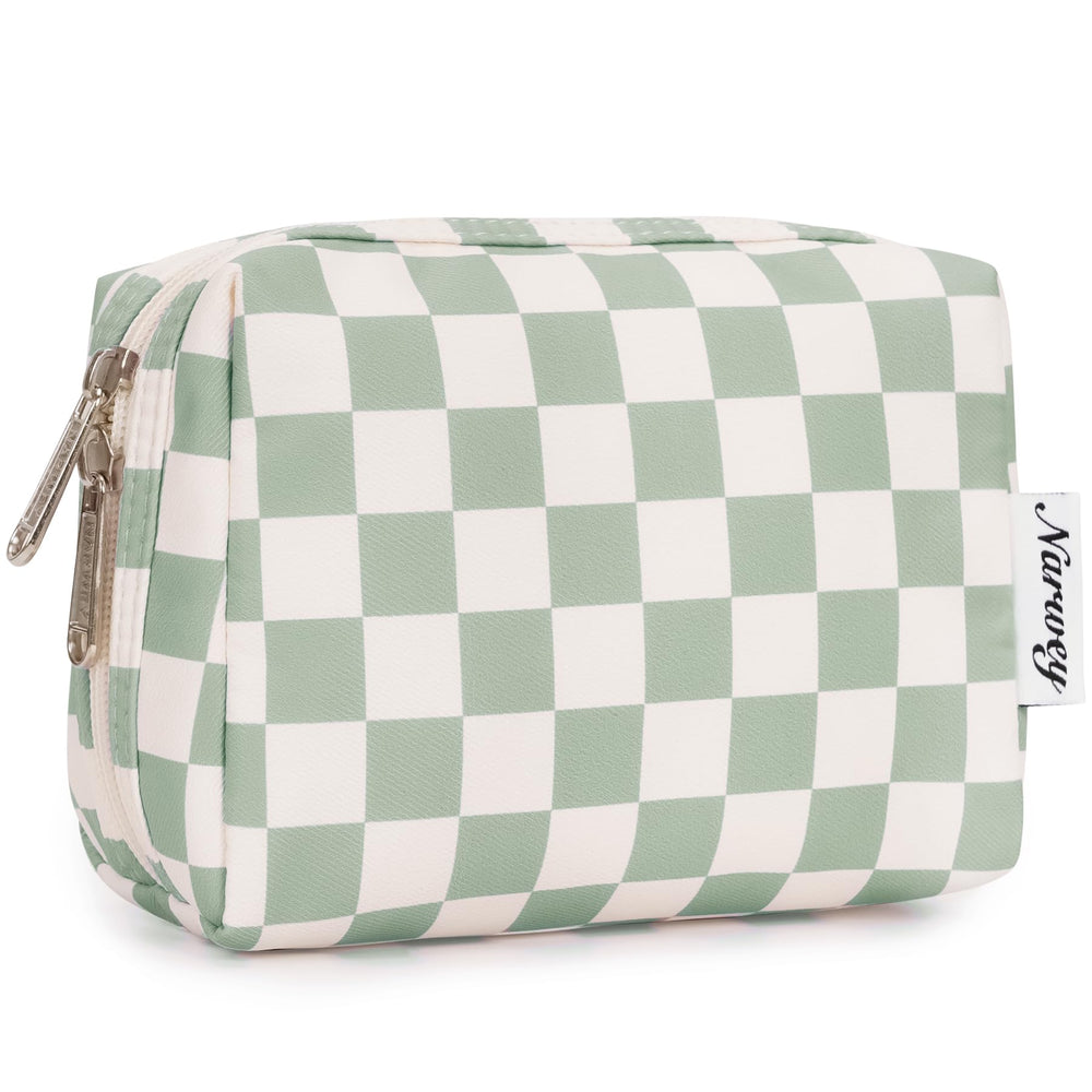 Narwey small checkered makeup bag in mint green front view, perfect purse organizer.