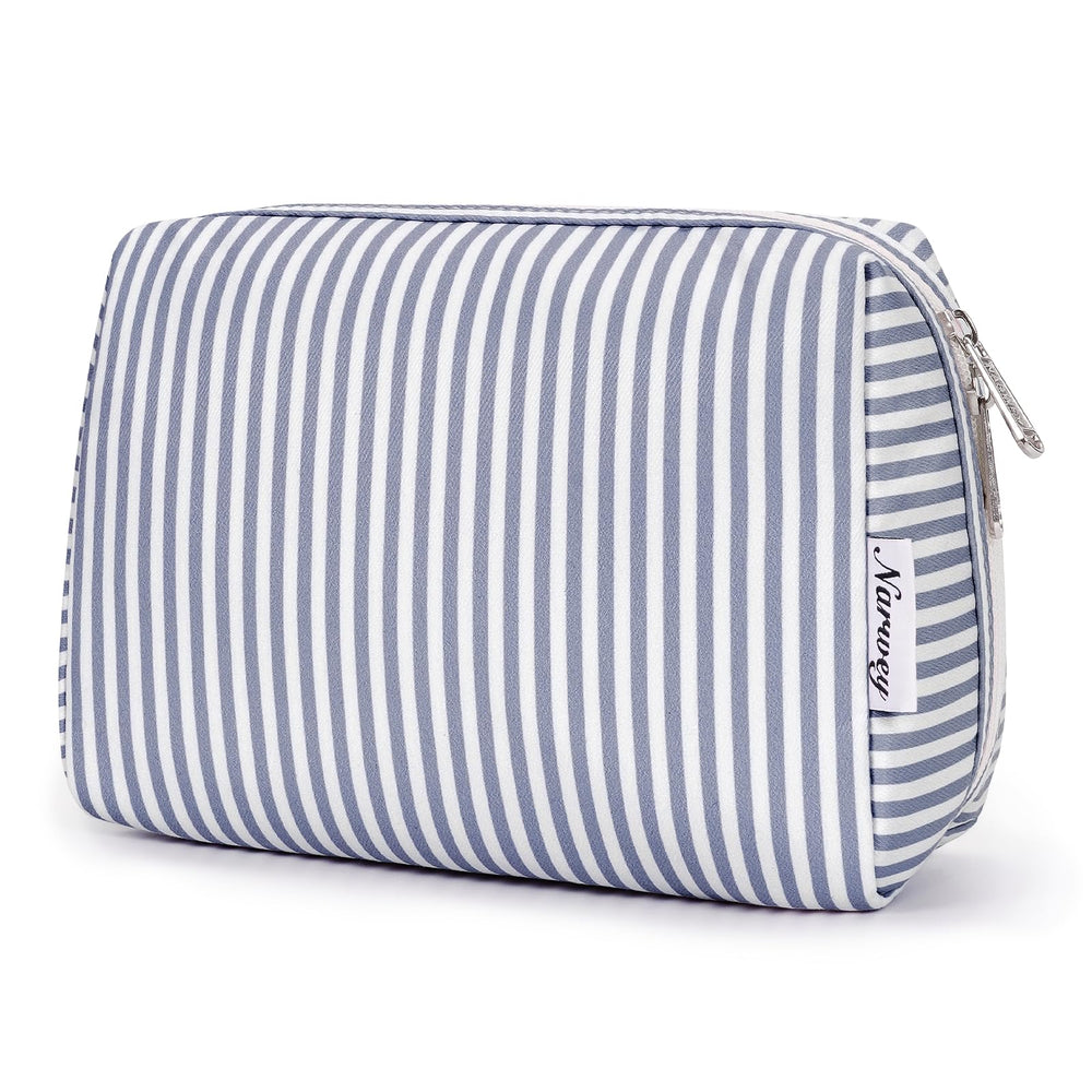 Narwey striped makeup bag front view in grayish-blue, ideal for travel organization.