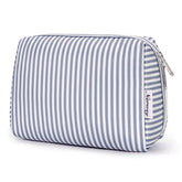 Narwey striped makeup bag front view in grayish-blue, ideal for travel organization.