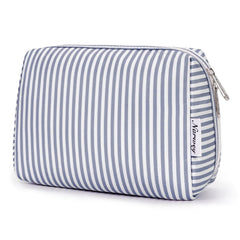 Narwey striped makeup bag front view in grayish-blue, ideal for travel organization.