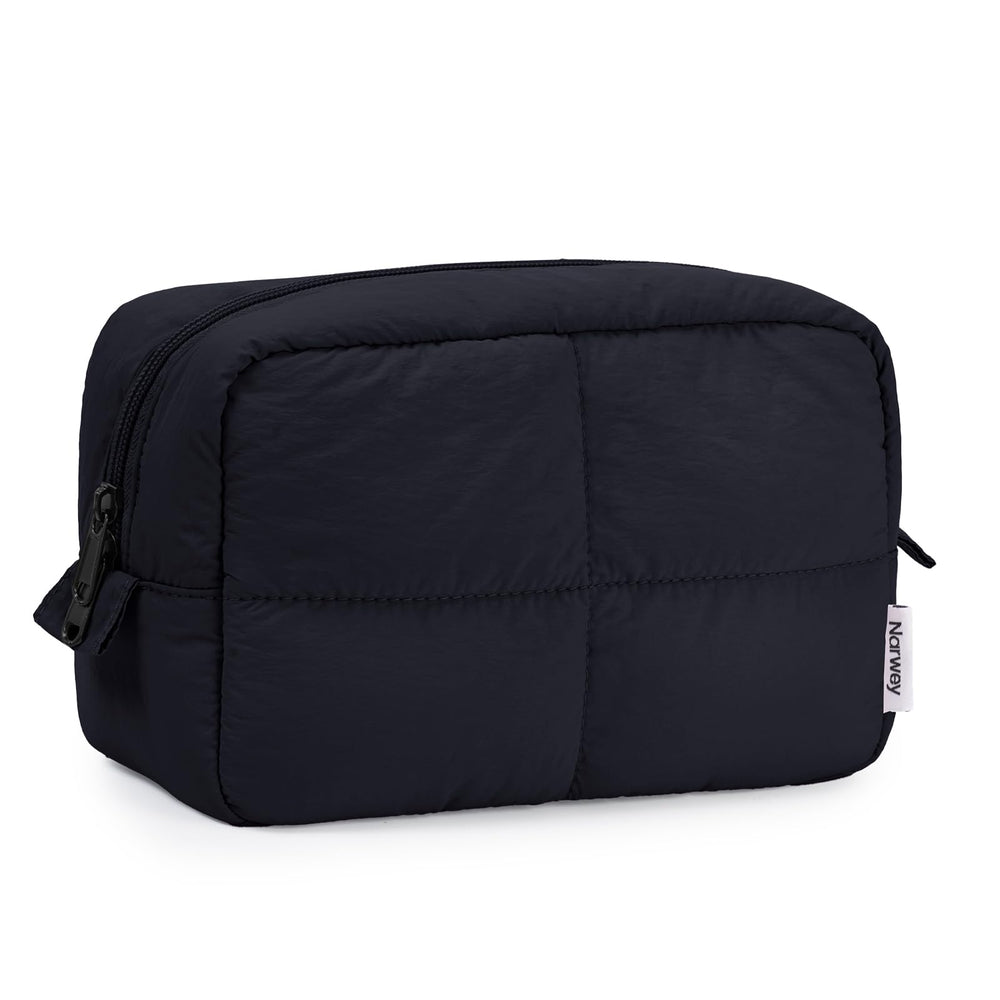 Narwey travel makeup bag black front view, compact design for easy packing