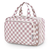 Narwey travel bag hangs in dusty pink checkerboard, highlighting its large capacity for on-the-go use.