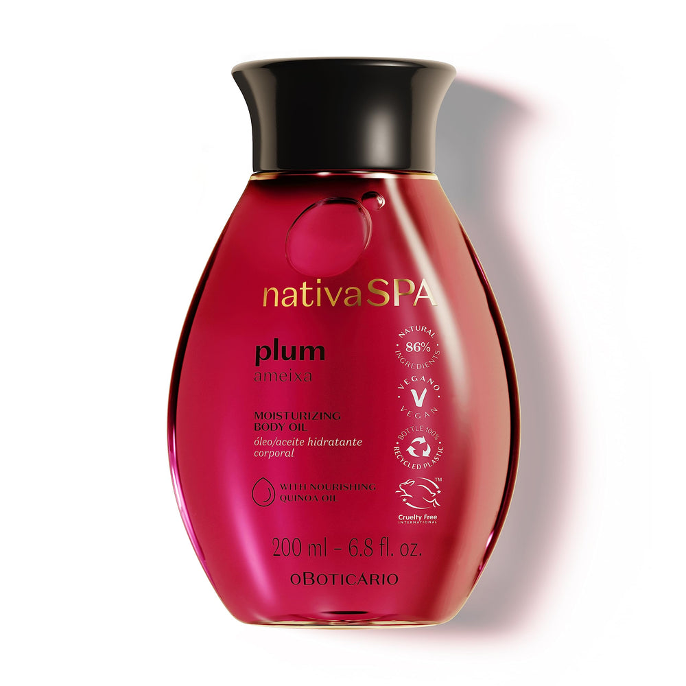 Nativa Spa Plum Body Oil bottle offering moisturizing hydration for silky skin
