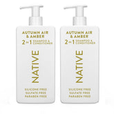 Native 2-in-1 shampoo and conditioner bottle with autumn air amber scent promotes refreshed hair.