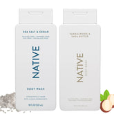 Native Body Wash Sandalwood and Shea Butter 18oz bottle, provides gentle cleansing.