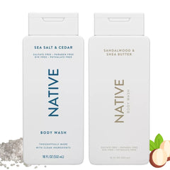 Native Body Wash Sandalwood and Shea Butter 18oz bottle, provides gentle cleansing.
