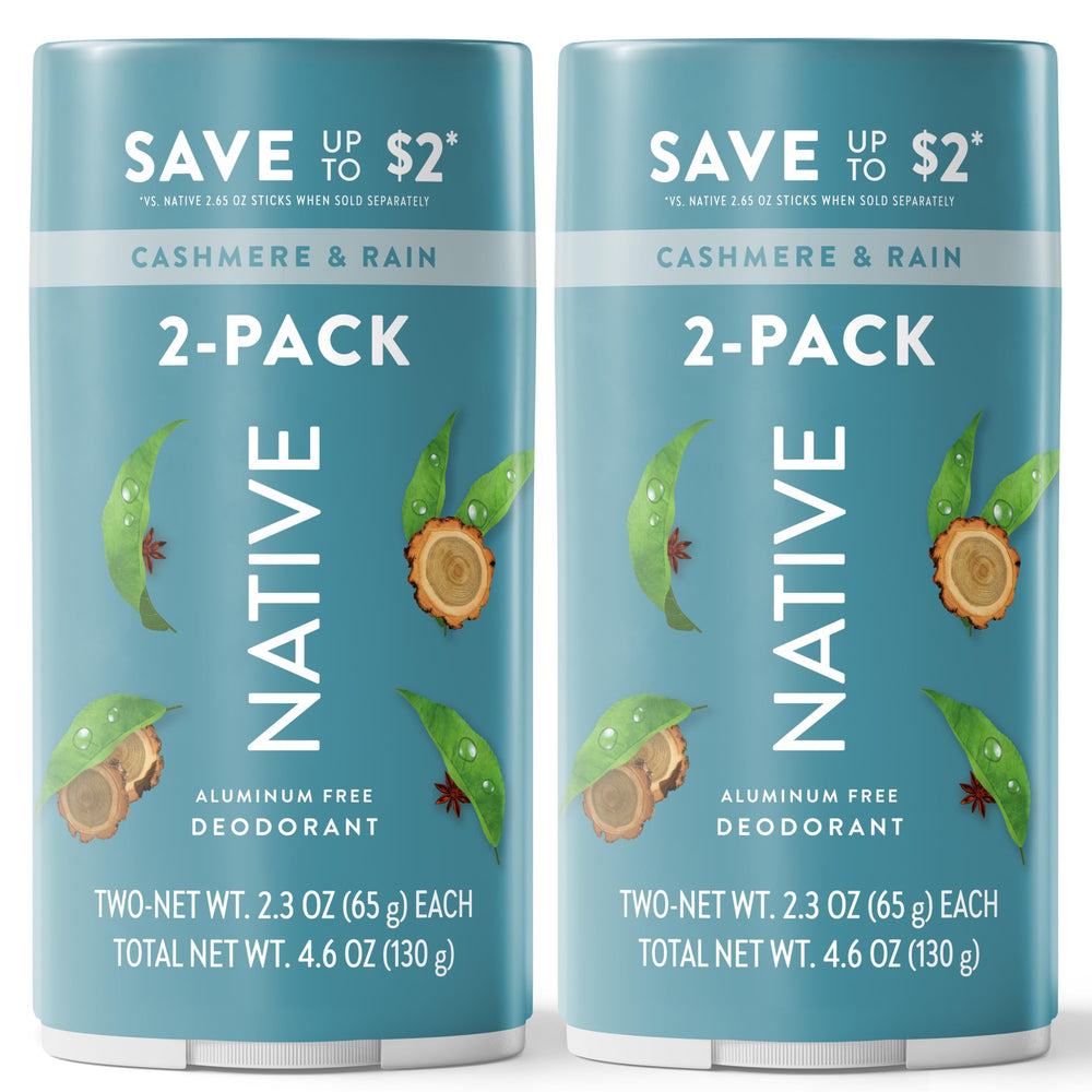 Native Cashmere & Rain twin pack front view in a clean bathroom, showcasing two sticks for long-lasting protection.