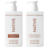 Botella de champú Native Coco y Vainilla para cabello suave y nutrido.