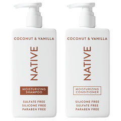Botella de champú Native Coco y Vainilla para cabello suave y nutrido.