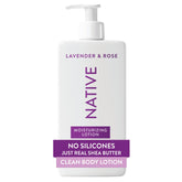 Native crema corporal, frasco frontal, hidrata y suaviza la piel con lavanda y rosas.