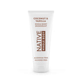 Native crema desodorante corporal en frasco con aroma coco vainilla para días largos