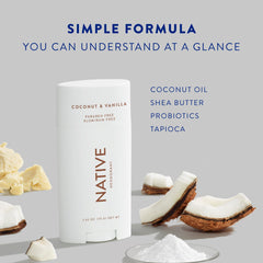 Native aluminum-free formula with baking soda and coconut oil.