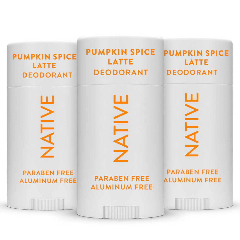 Native Pumpkin Spice deodorant 3-pack featuring aluminum-free formula and long-lasting odor protection