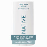 Native desodorante Cashmere y Rain, aplicación sedosa sin residuo blanco.