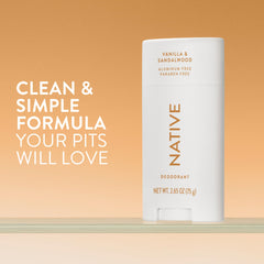 Native desodorante vainilla sándalo, aplicación en barra para uso cómodo durante todo el día.