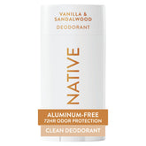 Native desodorante vainilla sándalo, botella: aroma cálido y protección diaria sin irritación.