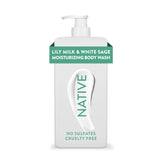 Native Ducha Hidratante Lily Milk y White Sage, botella elegante para piel suave.
