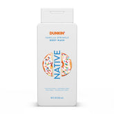 Native gel de ducha Dunkin Vainilla Espolvoreada frente a la botella, aroma tentador y limpieza suave