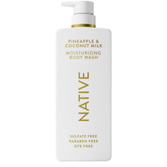 Native gel de ducha hidratante piña y coco en botella de 22 oz para piel suave.