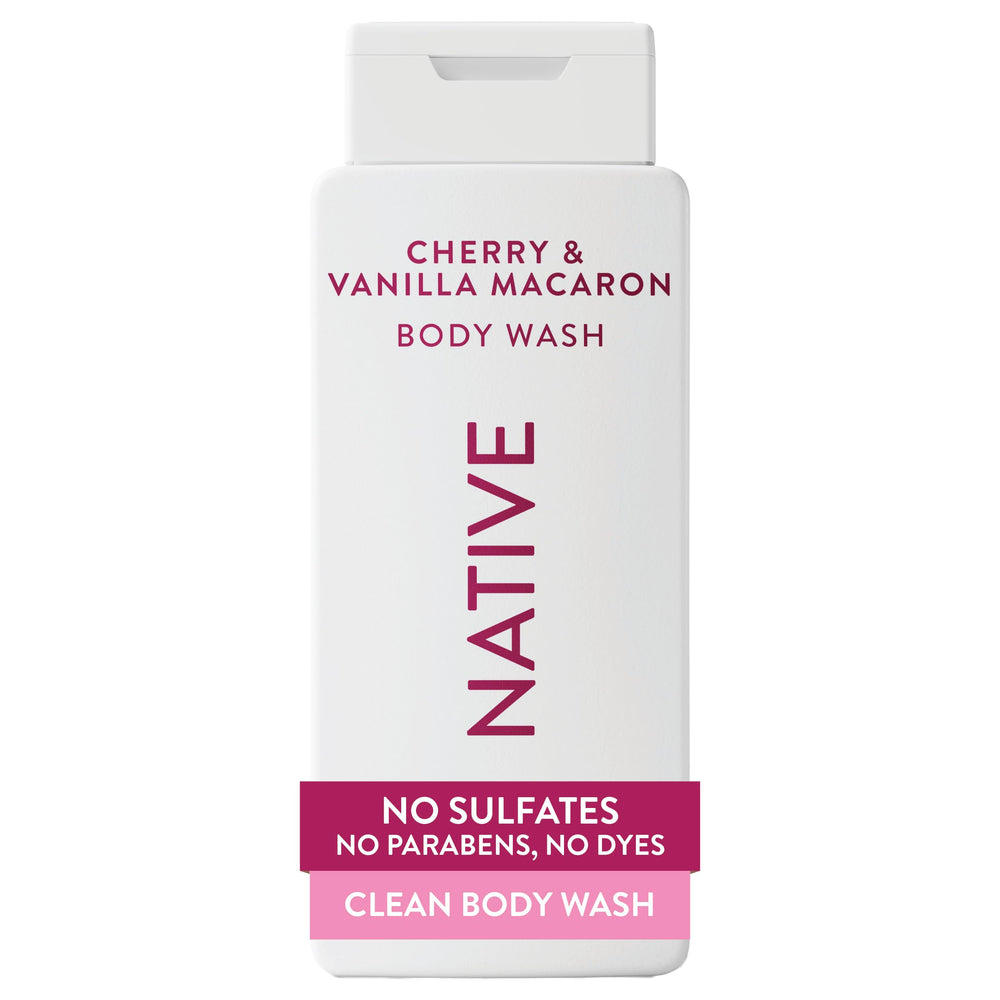 Native Jabon Cuerpo frente con aroma a cereza y vainilla Macaron para ducha agradable.