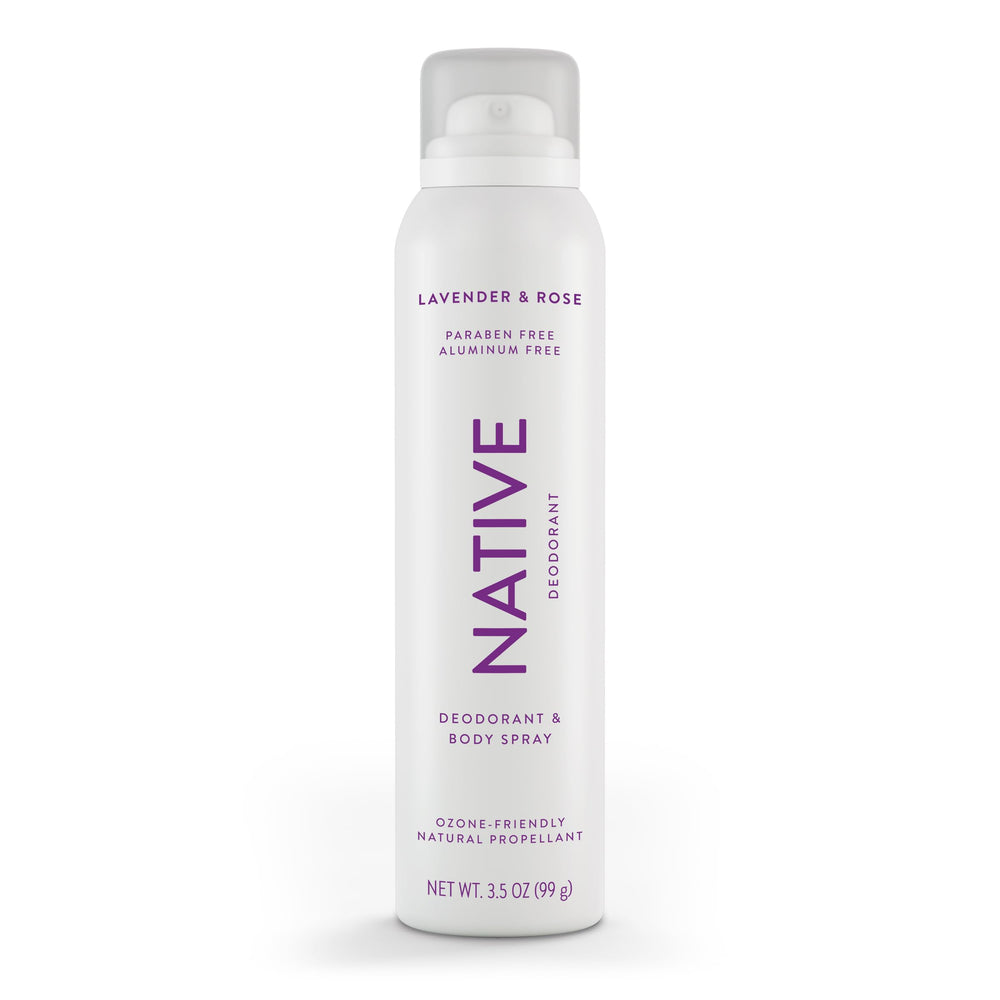 Native Lavanda y Rosa, desodorante en spray para cuerpo, aroma suave y protección diaria.