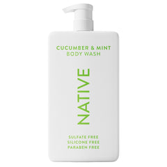 Native limpiador corporal: botella pepino-menta, experiencia refrescante en la ducha.