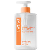 Native Liquid Hand Soap Sweet Peach Nectar bottle on sink for gentle cleansing.