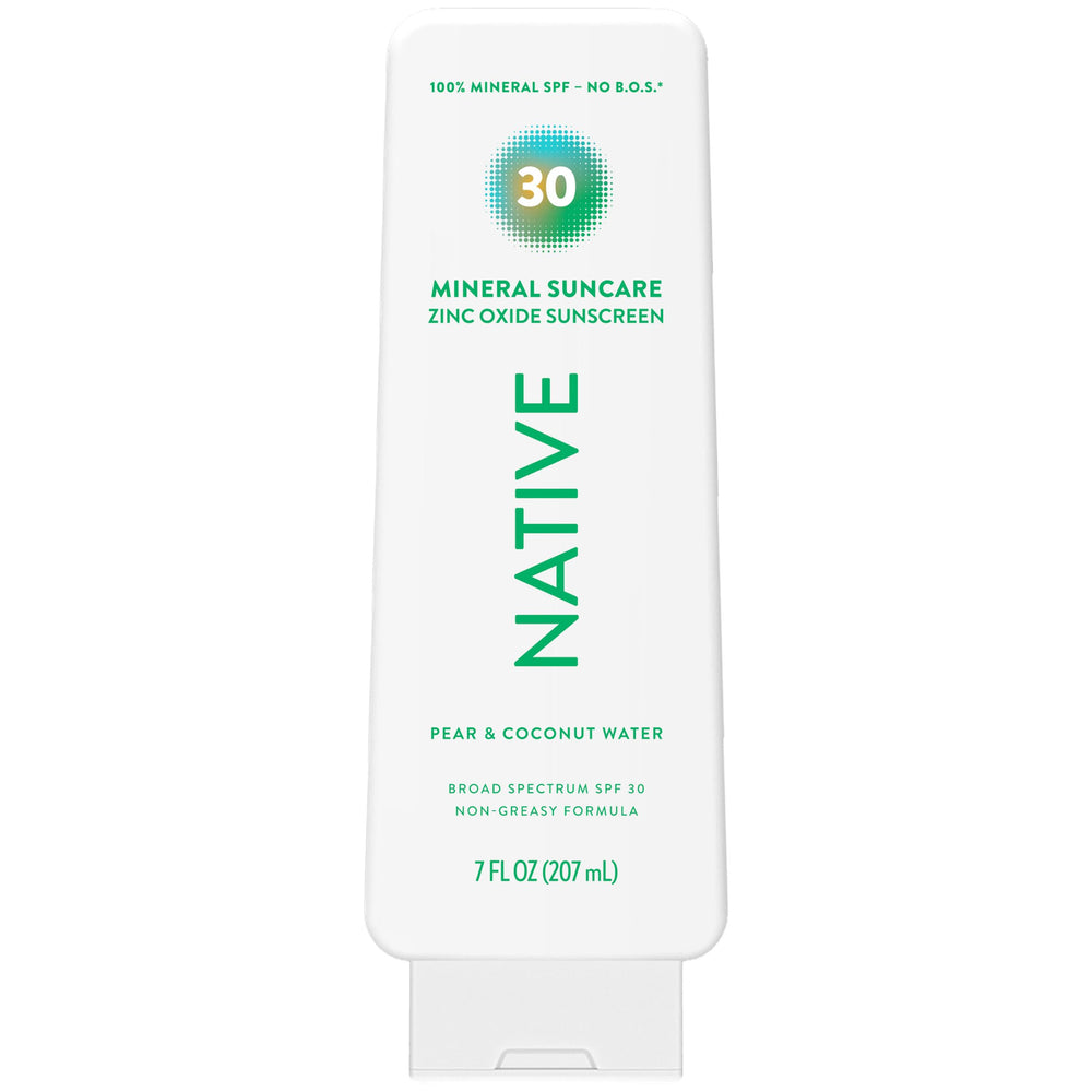Loción solar mineral Native, frasco frontal, protección diaria para piel sensible.