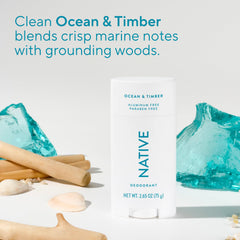 Native Ocean & Timber libre de aluminio con ingredientes naturales para uso diario.